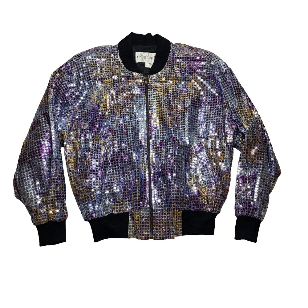 VTG 80s Golden River Sequin Bomber Jacket Womens S/M Iridescent Glam Disco Boxy